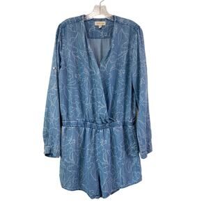 Anthropologie Cloth & Stone Chambray Floral Long Sleeve Faux Wrap Romper Size M
